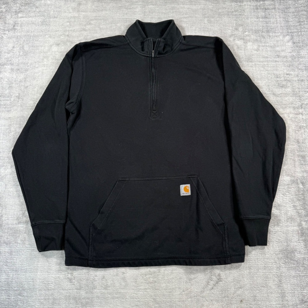 Carhartt Sweatshirt Men Large Black Relaxed Fit Quarter Zip Waffle Knit Pullover
